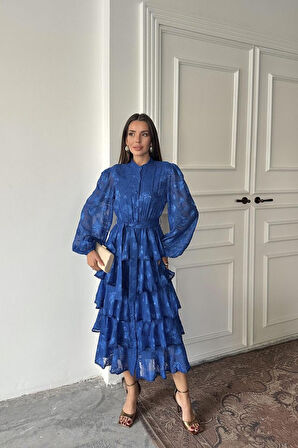 SUPPLİERBY Saks Valonlu Şeritli Kat Kat Elbise