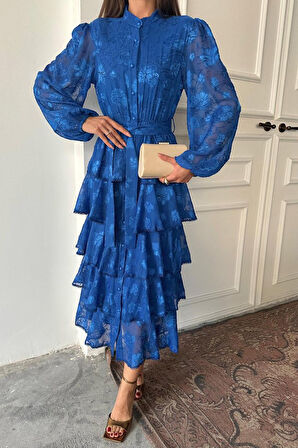 SUPPLİERBY Saks Valonlu Şeritli Kat Kat Elbise