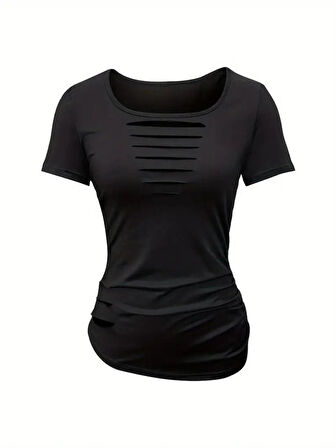 SUPPLİERBY Kadın Kısa Kollu Yakası Açık Lazer Kesik Detaylı Viskon Bluz