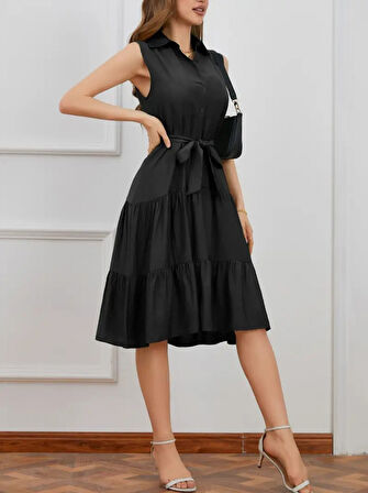 SUPPLİERBY Kadın Kısa Kollu Gömlek Yaka Düğmeli Beli Kuşaklı Katlı Dokuma Midi Elbise