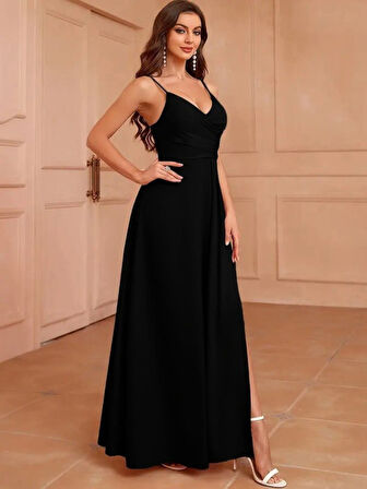 SUPPLİERBY Kadın Ip Askılı Kruvaze Yakalı Derin Dekolteli Yırtmaçlı Ithal Krep Elbise