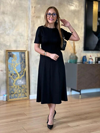 SUPPLİERBY Kadın Kısa Kollu Bisiklet Yaka Midi Viskon Iki Iplik Elbise