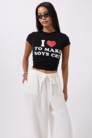 SUPPLİERBY Nakış Detay Baskılı Crop T-Shirt