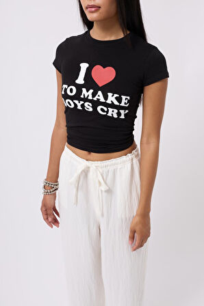 SUPPLİERBY Nakış Detay Baskılı Crop T-Shirt