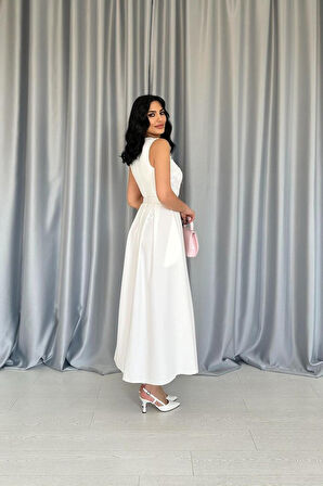 SUPPLİERBY Beyaz Önü Dantel Detaylı Kemerli Elbise