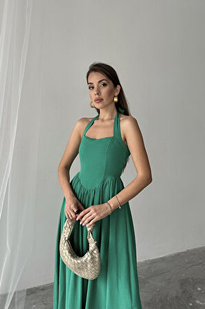 SUPPLİERBY Yeşil Boyundan Bağlamalı Keten Elbise