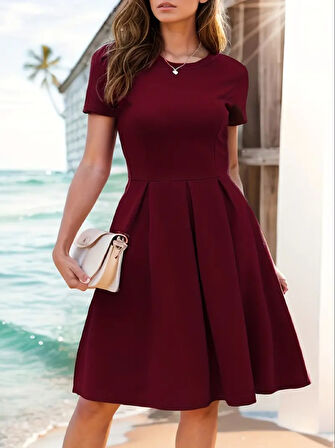 SUPPLİERBY Kadın Kısa Kollu Bisiklet Yaka önden Pile Detaylı Janjan Krep Elbise