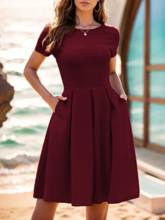 SUPPLİERBY Kadın Kısa Kollu Bisiklet Yaka önden Pile Detaylı Janjan Krep Elbise