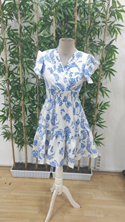 SUPPLİERBY Kadın Kısa Fırfır Kollu Kruvaze Yaka çiçekli Atlas Elbise