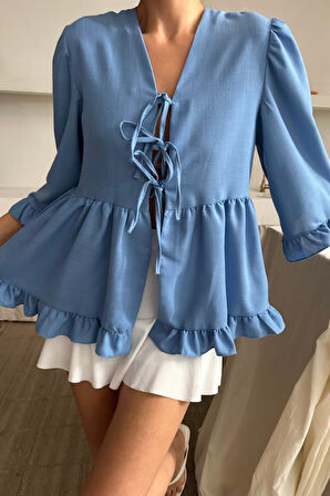 SUPPLİERBY KETEN BLUZ ÖNDEN BAĞLAMALI FIRFIR DETAYLI - Mavi