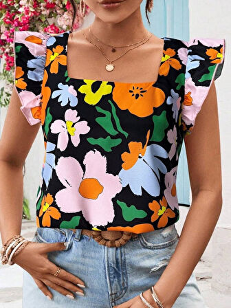 SUPPLİERBY Kadın Kısa Fırfır Kollu Kare Yaka çiçek Desenli Ithal Keten Bluz