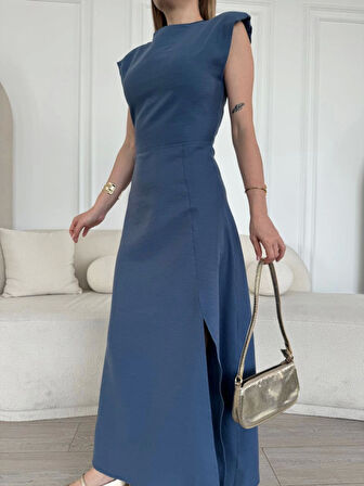 SUPPLİERBY Keten Yandan Yırtmaçlı  Uzun Sıfır Kolsuz Elbise - Mavi