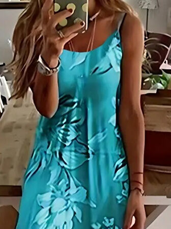 SUPPLİERBY Kadın Askılı Yuvarlak Yaka Etek Geniş Kesim Desenli Süprem Elbise