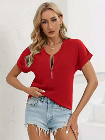 SUPPLİERBY Kadın Kısa Kollu V Yaka Fermuarlı Salaş Sandy Bluz