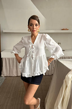 SUPPLİERBY KETEN BLUZ ÖNDEN BAĞLAMALI FIRFIR DETAYLI - Beyaz