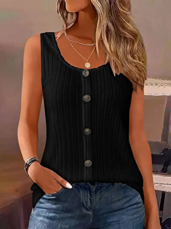 SUPPLİERBY Kadın Askılı Yuvarlak Yaka önden Düğmeli Kalın Fitilli Kaşkorse Bluz