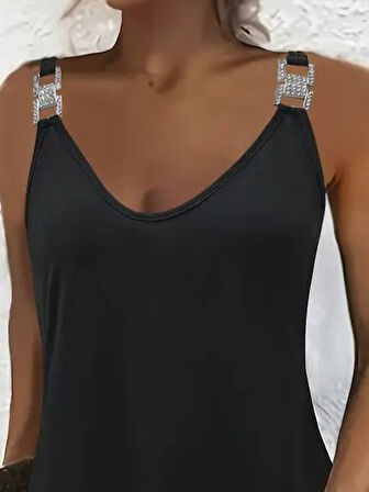 SUPPLİERBY Kadın Askılı V Yakalı Toka Detaylı Janjan Krep Elbise