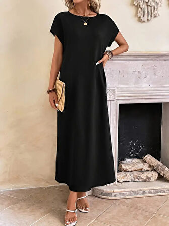 SUPPLİERBY Kadın Uzun Kollu Yakası Açık Viskon Elbise