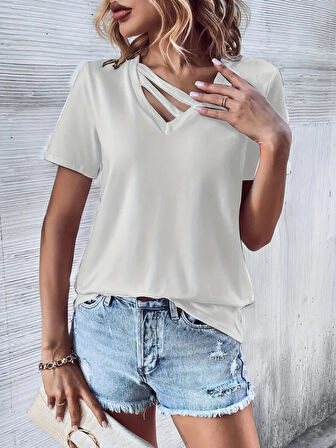 SUPPLİERBY Kadın Kısa Kollu V Yaka şerit Detay Viskon Bluz