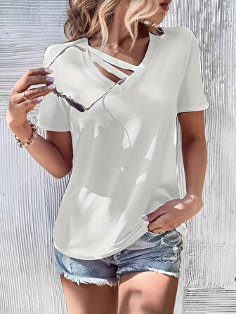 SUPPLİERBY Kadın Kısa Kollu V Yaka şerit Detay Viskon Bluz