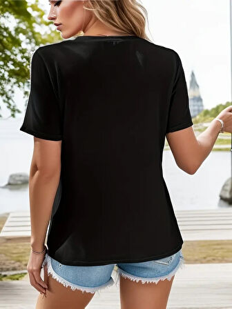 SUPPLİERBY Kadın Kısa Kollu V Yaka şerit Detay Viskon Bluz