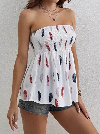 SUPPLİERBY Kadın Yaprak Desenli Göğsü Gipeli Mosskrep Straplez Bluz