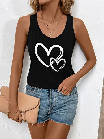 SUPPLİERBY Kadın Askılı Yuvarlak Yaka Kalp Baskılı Viskon Bluz