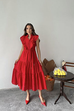 SUPPLİERBY Kırmızı Fırfırlı Düğmeli Elbise