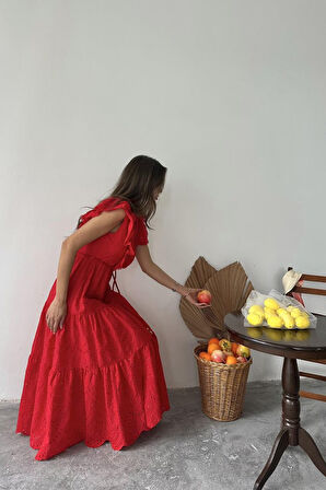 SUPPLİERBY Kırmızı Fırfırlı Düğmeli Elbise