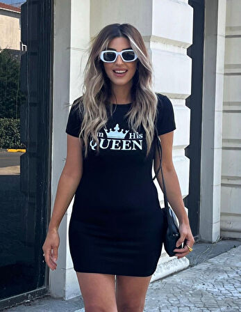 SUPPLİERBY Kadın Kısa Kollu Queen Baskı Iki Iplik Mini Elbise