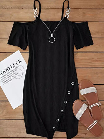 SUPPLİERBY Kadın Askılı önü Fermuarlı Asimetrik Kesim Detaylı Kalın Fitilli Kaşkorse Elbise