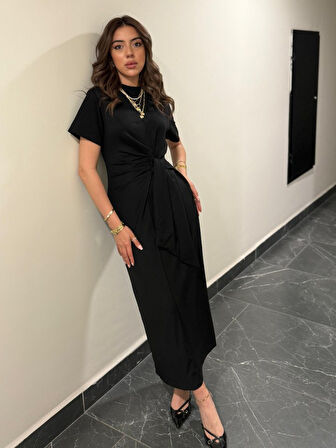 SUPPLİERBY Kadın Kısa Kollu Bisiklet Yaka Yandan Bağlamalı Viskon Iki Iplik Elbise