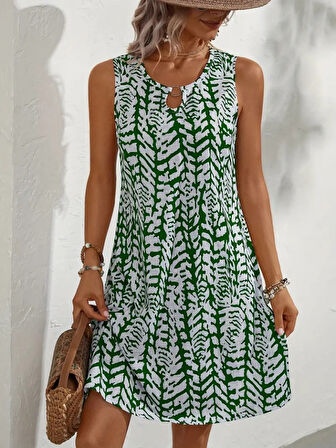 SUPPLİERBY Kadın Sıfır Kol Yakadan Halka Detaylı Desenli Kısa Bürümcük Elbise