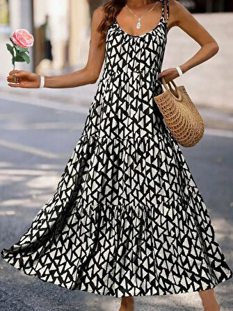 SUPPLİERBY Kadın Askılı Yuvarlak Yaka Fırfırlı Desenli Uzun Bürümcük Elbise