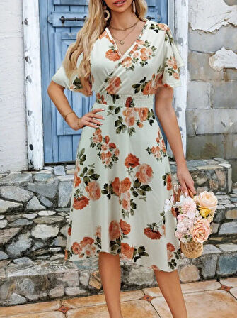 SUPPLİERBY Kadın Kısa Kollu Kruvaze Yakalı Desenli Süprem Kısa Elbise