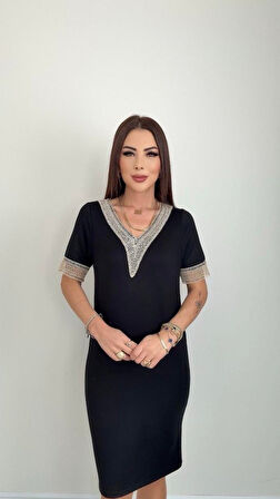 SUPPLİERBY Kadın V Yaka Güpürlü İki İplik Elbise