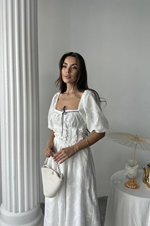 SUPPLİERBY Beyaz Dantel Detaylı Brode Elbise