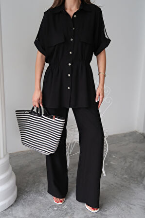 SUPPLİERBY KETEN BELDEN BÜZGÜ DETAYLI GÖMLEK - PANTOLON TAKIM - Siyah