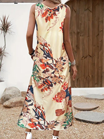 SUPPLİERBY Kadın Askılı Yuvarlak Yaka Cepli Desenli Süprem Elbise