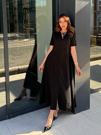 SUPPLİERBY Kadın Kısa Kollu Bisiklet Yaka Maksi Boy Ithal Krep Elbise