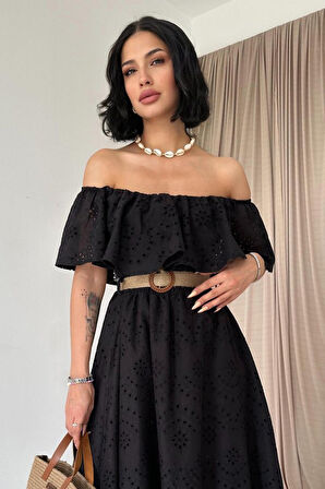 SUPPLİERBY Siyah Omzu Lastikli Brode Elbise