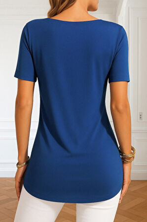 SUPPLİERBY Kadın Kısa Kollu Yuvarlak Yaka Yandan Düğmeli Viskon Bluz