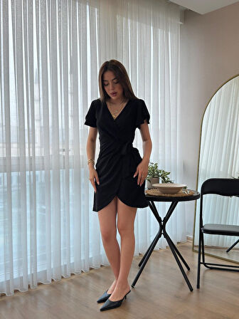 SUPPLİERBY Kadın Kısa Kollu Kruvaze Yakalı Belden Bağlamalı Ithal Krep Elbise