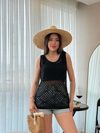 SUPPLİERBY Kadın Askılı Yuvarlak Yaka Geometrik Desenli Triko Bluz