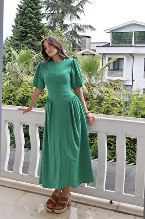 SUPPLİERBY Yeşil Arkadan Bağlamalı Büzgülü Keten Elbise