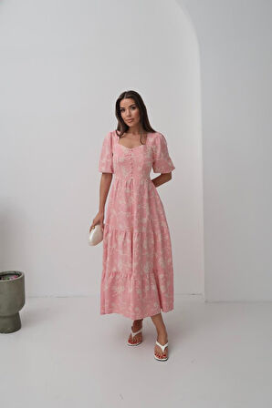 SUPPLİERBY Pembe Süs Düğmeli Balon Kollu Elbise