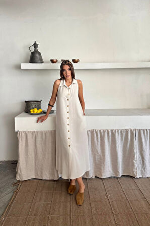 SUPPLİERBY KETEN ÖNDEN DÜĞMELİ KOLSUZ GÖMLEK YAKA ELBİSE - Beyaz