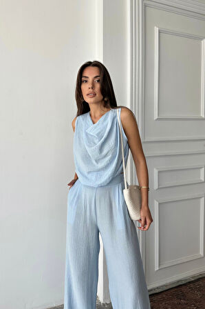 SUPPLİERBY DEGAJE YAKA KOLSUZ BLUZ - PANTOLON TAKIM - Mavi