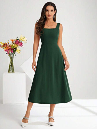 SUPPLİERBY Kadın Askılı Kare Yakalı Midi Ithal Krep Elbise