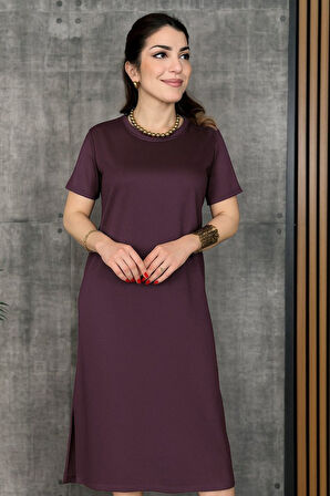 SUPPLİERBY Kadın Kısa Kollu Bisiklet Yaka Yırtmaçlı Viskon Iki Iplik Elbise